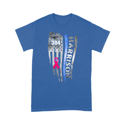 Breast Cancer Pink Ribbon Distressed Thin Blue Line Flag Personalized Police Shirt