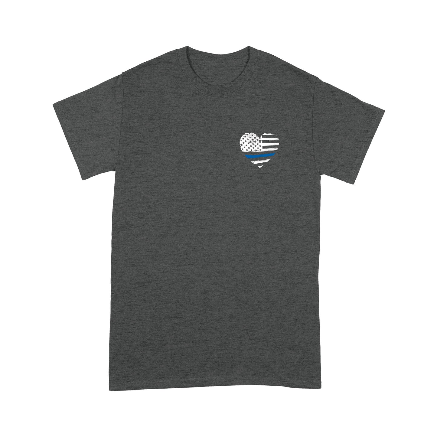 Thin Blue Line Distressed Heart (Front & Back) Standard T-Shirt Police Tee