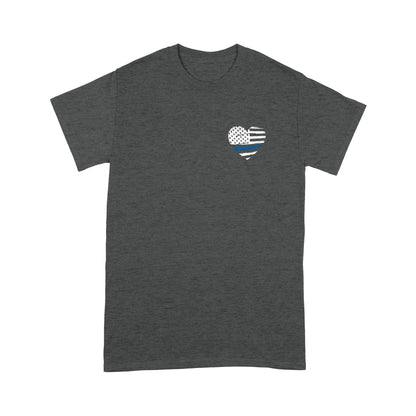 Thin Blue Line Distressed Heart (Front & Back) Standard T-Shirt Police Tee