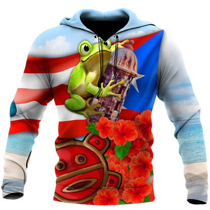 Puerto Rico Cute Caribbean Frog With Maga Flower Shirts QB06222001-Apparel-TQH-Hoodie-S-Vibe Cosy™