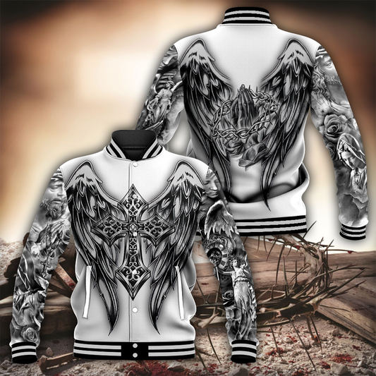 Jesus Christ Cross and Wings 3D Printed Baseball Jacket for Men and Women