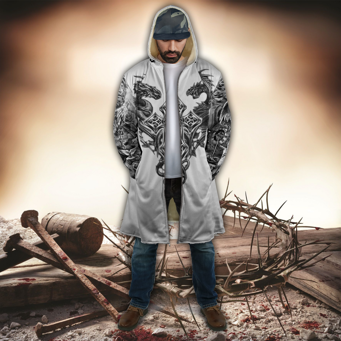 Jesus Christ Cross and Dragons 3D Printed Hooded Coat for Men and Women