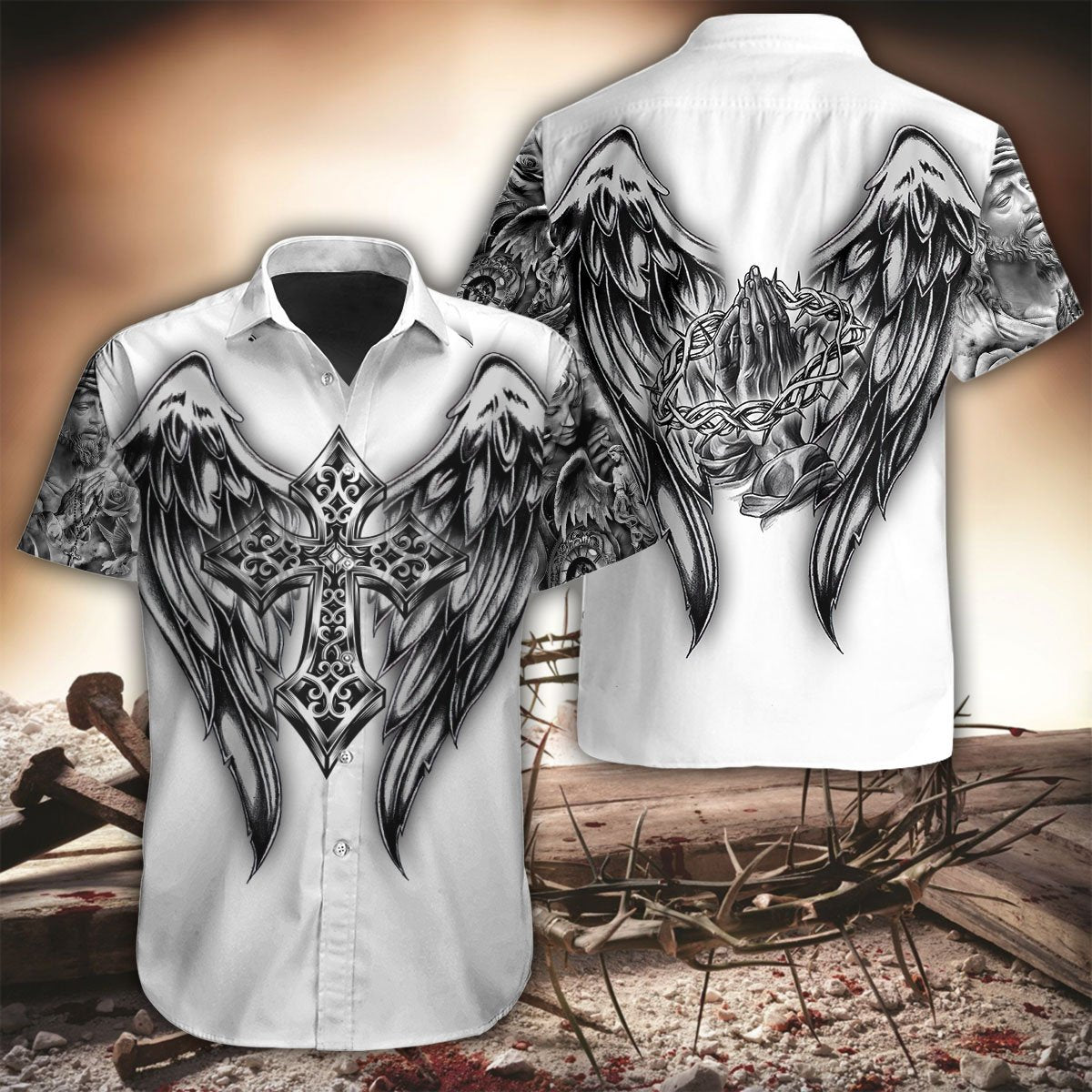 Jesus Christ Cross and Wings 3D Printed Hawaii Shirt for Men and Women
