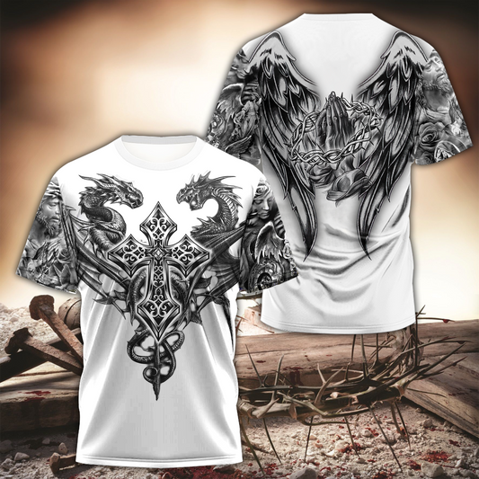 Jesus Christ Cross and Dragons 3D Printed T-Shirt for Men and Women