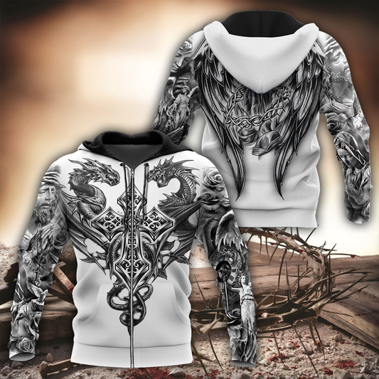 Jesus Christ Cross and Dragons 3D Printed Zipped Hoodie for Men and Women