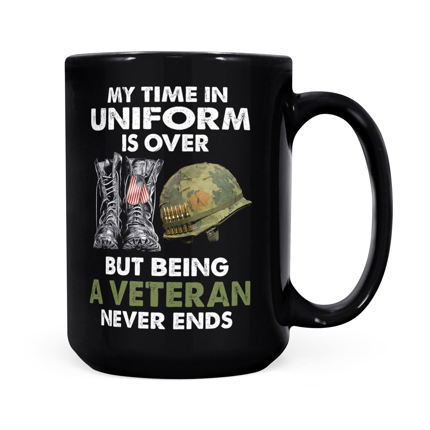 My Time In Uniform Is Over But Being A Veteran Never Ends Black Mug Gift For Dad Papa Grandpa