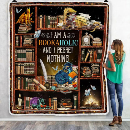 I Am A Bookaholic And I Regret Nothing Book Dragon Throw Blanket