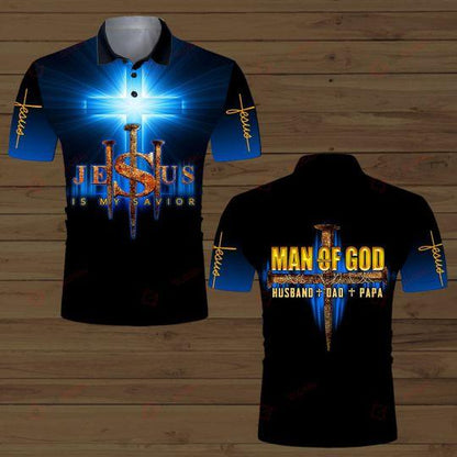 Jesus Is My Savior Man Of God Husband Dad Papa Blue All Over Printed Shirts