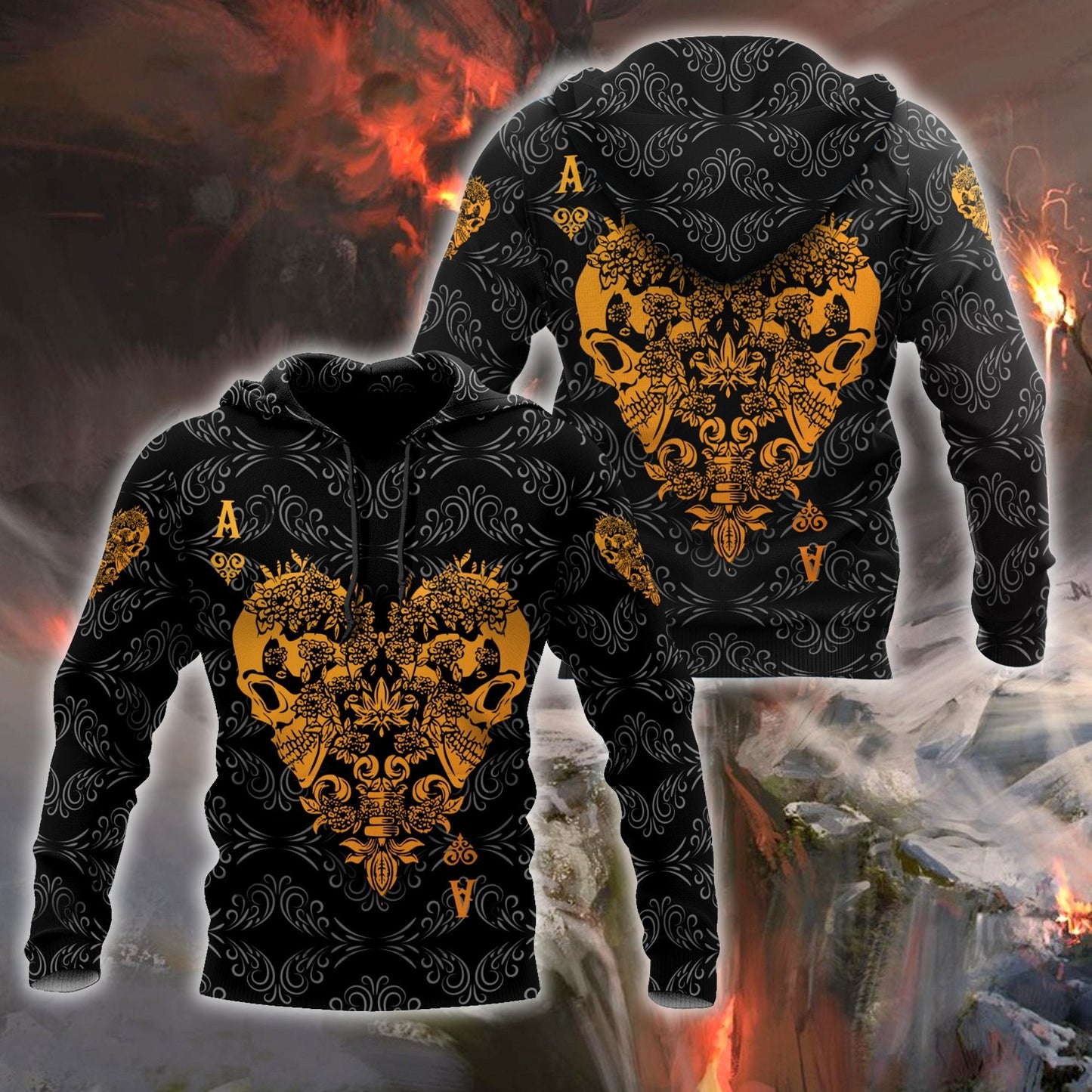 3D Ace Heart Skull Poker Over Printed Hoodie