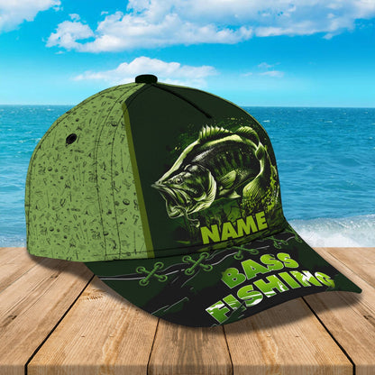 Custom Name Green Bass Fishing hat 3D design print Cap