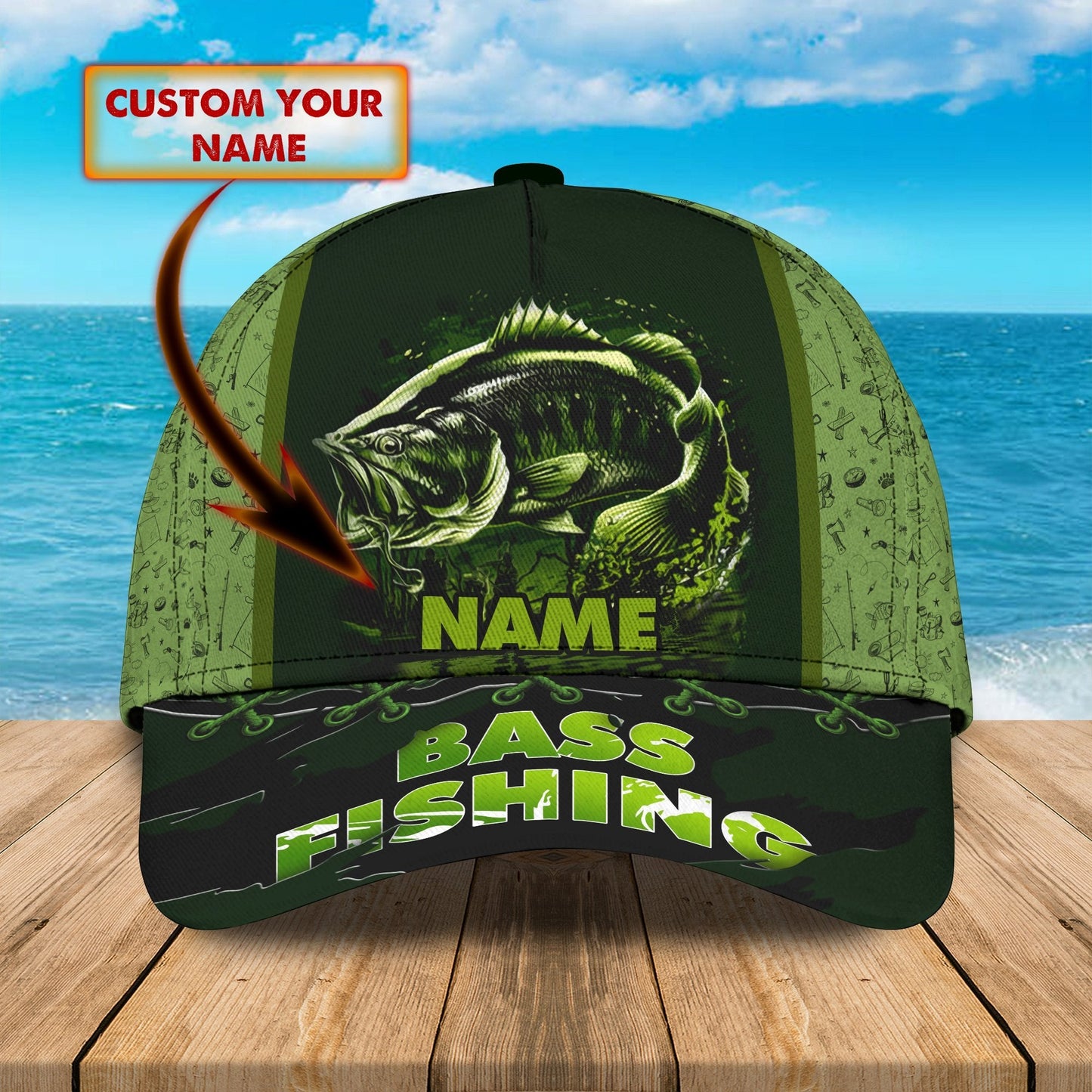 Custom Name Green Bass Fishing hat 3D design print Cap