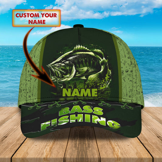 Custom Name Green Bass Fishing hat 3D design print Cap