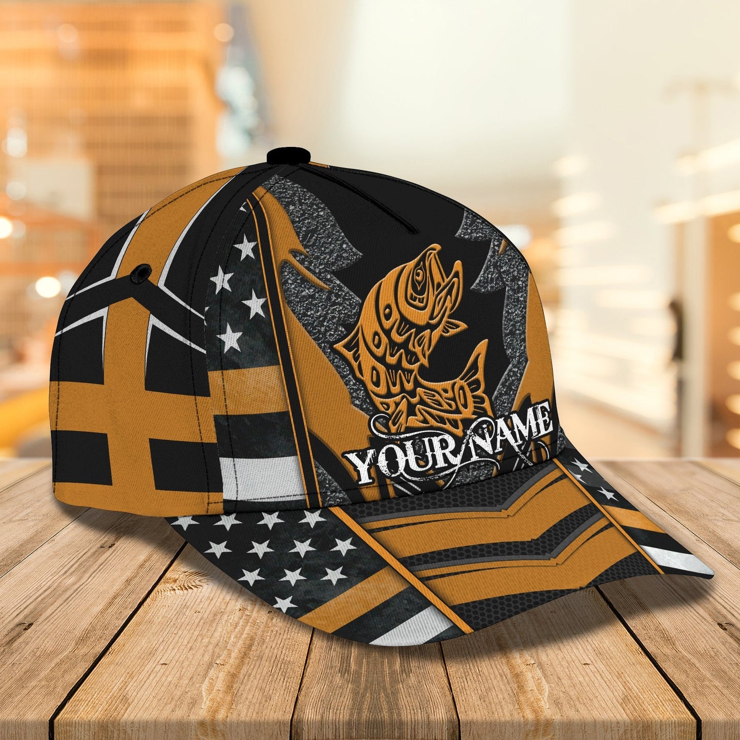 Custom Name Fishing hat Yellow 3D design print Cap