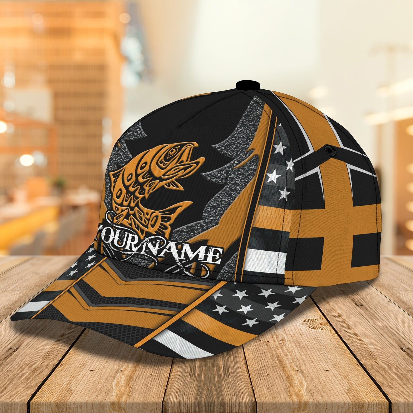 Custom Name Fishing hat Yellow 3D design print Cap