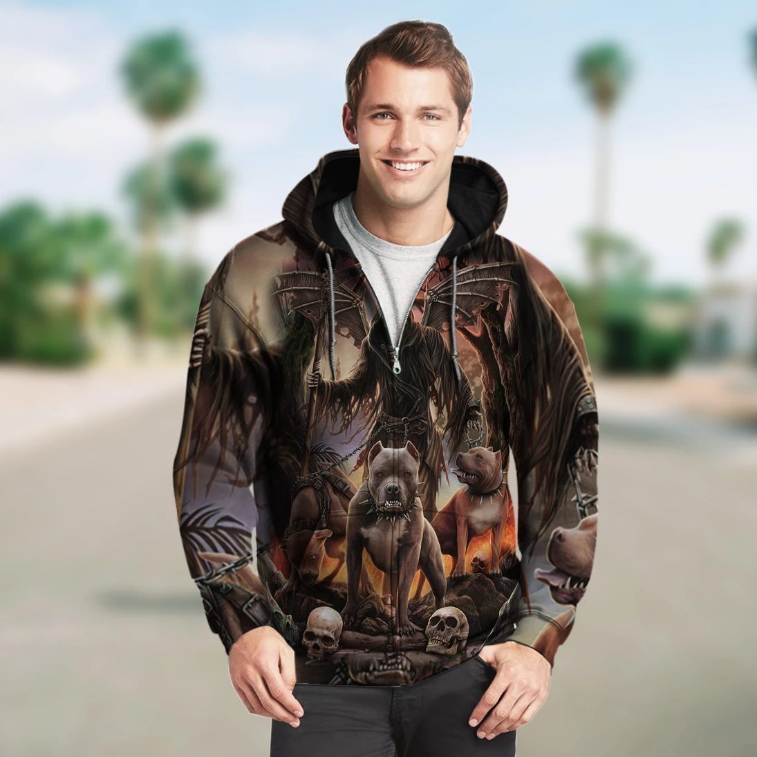 SKULL 3D ZIP HOODIE_GRIM REAPER WITH DOGS PL307 - Amaze Style™-Apparel