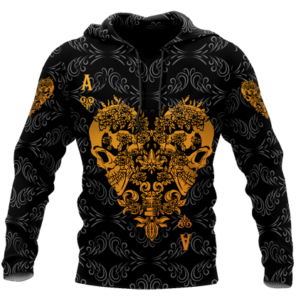 3D Ace Heart Skull Poker Over Printed Hoodie