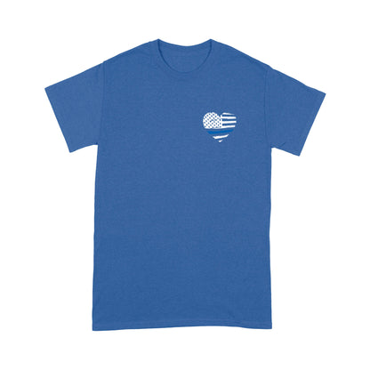 Thin Blue Line Distressed Heart (Front & Back) Standard T-Shirt Police Tee