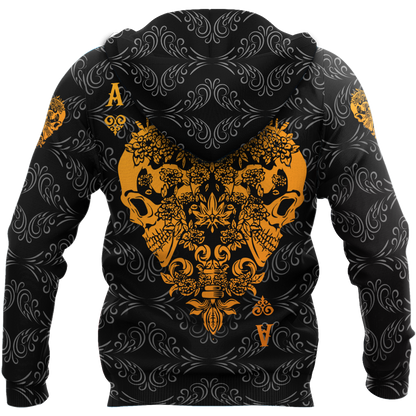 3D Ace Heart Skull Poker Over Printed Hoodie