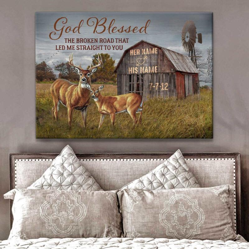 Poster Prints Anniversary Wedding Gift God Blessed The Broken Road Buck and Doe Deer Decor