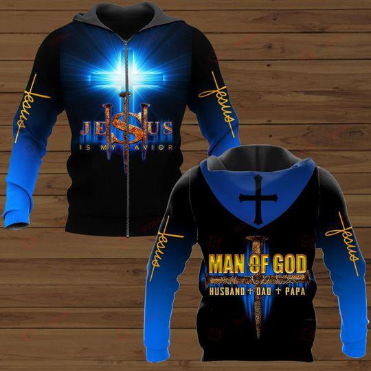 Jesus Is My Savior Man Of God Husband Dad Papa Blue All Over Printed Shirts