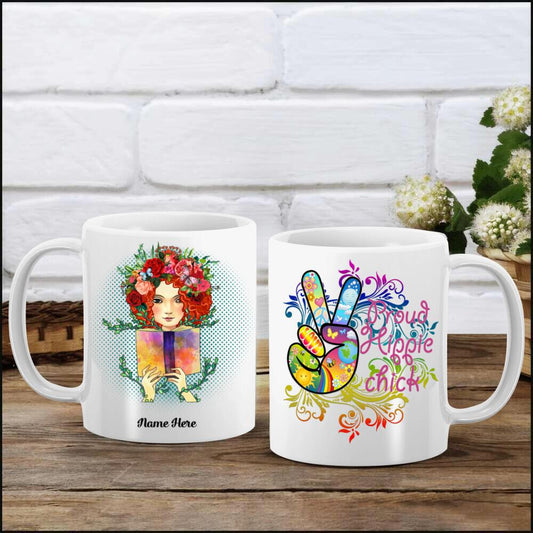 Personalized Hippie Girl Book White Mug DL