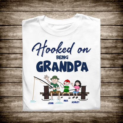 Hooked On Being Grandpa Personalized T-Shirt, Best Gift For Grandpa