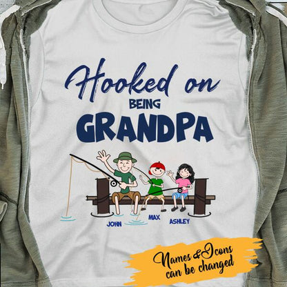 Hooked On Being Grandpa Personalized T-Shirt, Best Gift For Grandpa