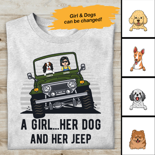 A Girl, Her Dog and Her Jeep Personalized T-Shirt, Best Gift for Girls and Dog Lovers