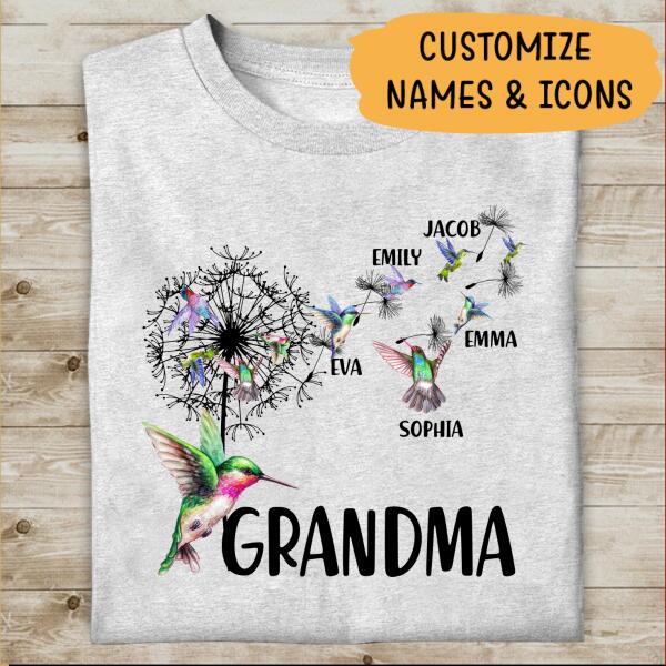 Grandma And Grandkids Bird Hummingbird Dandelion Flowers Personalized T-shirt Family Custom Shirt, Gift For Family