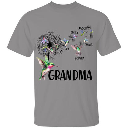 Grandma And Grandkids Bird Hummingbird Dandelion Flowers Personalized T-shirt Family Custom Shirt, Gift For Family