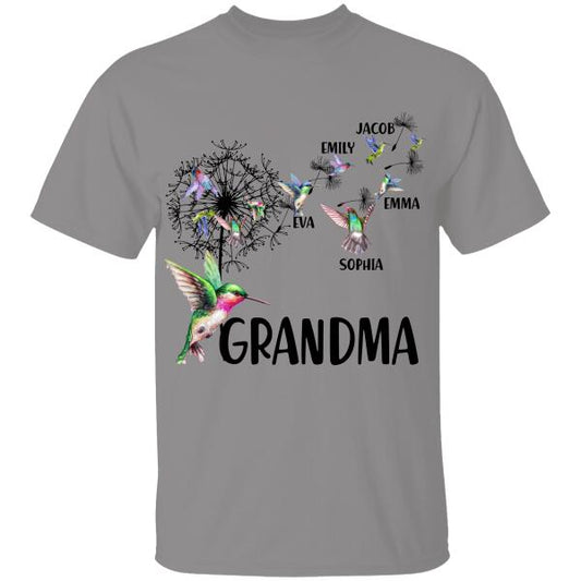 Grandma And Grandkids Bird Hummingbird Dandelion Flowers Personalized T-shirt Family Custom Shirt, Gift For Family