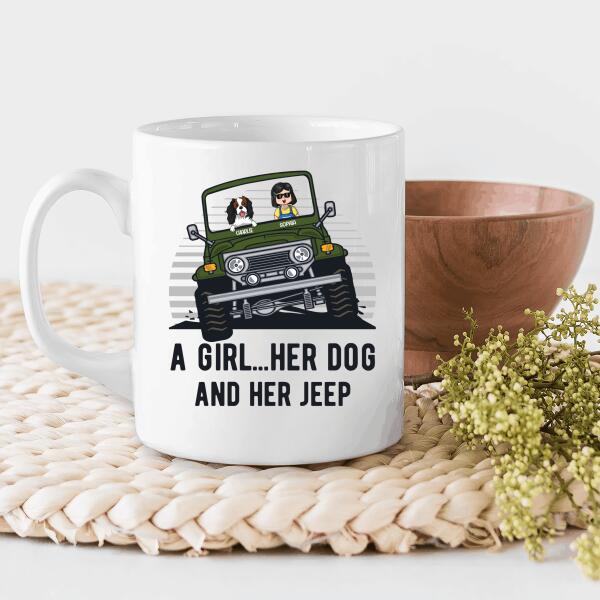 A Girl, Her Dog and Her Jeep Personalized Mug, Best Gift for Girls and Dog Lovers
