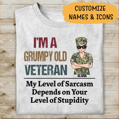 I'm A Grumpy Old Veteran Woman My Level Of Sarcasm Personalized T-Shirt, Mug, Best Gifts For Veterans Day