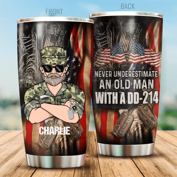 Never Underestimate An Old Man Personalized Tumbler, Best Gift For Veterans Day