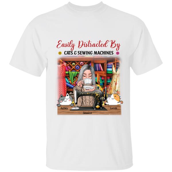 Sewing Cats Custom T-Shirt Easily Distracted By Sewing Machines And Cats Personalized Gift For Mom Grandma And Sewing Lovers