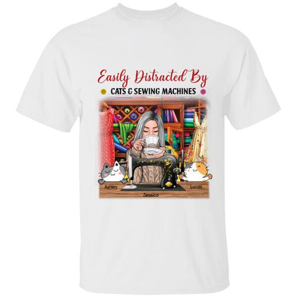 Sewing Cats Custom T-Shirt Easily Distracted By Sewing Machines And Cats Personalized Gift For Mom Grandma And Sewing Lovers