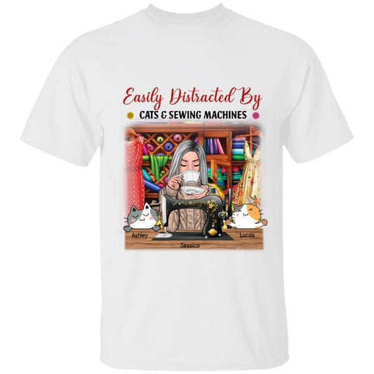 Sewing Cats Custom T-Shirt Easily Distracted By Sewing Machines And Cats Personalized Gift For Mom Grandma And Sewing Lovers