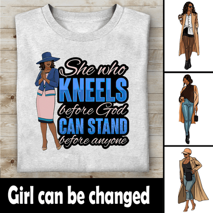 She Who Kneels Before God Can Stand Before Anyone Personalized T-shirt, Best Gift For Black Woman