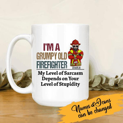 I'm A Grumpy Old Firefighter My Level Of Sarcasm Personalized T-Shirt, Best Gift For Firefighter
