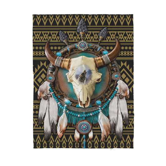 Custom Blanket Native American Bull Skull And Dreamcatcher Sherpa Blanket MEI