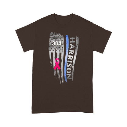 Breast Cancer Pink Ribbon Distressed Thin Blue Line Flag Personalized Police Shirt