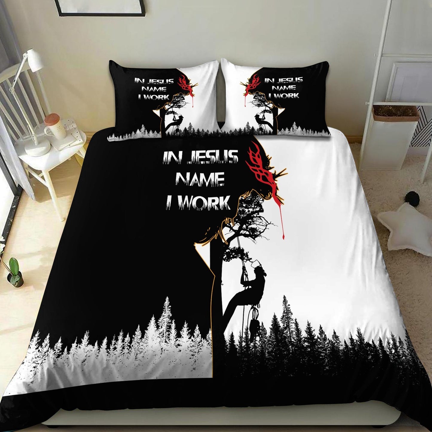 In Jesus Name I  WorkArborist Logger Lumberjack Bedding Set MEI
