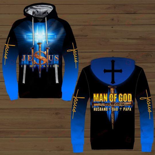 Jesus Is My Savior Man Of God Husband Dad Papa Blue All Over Printed Shirts