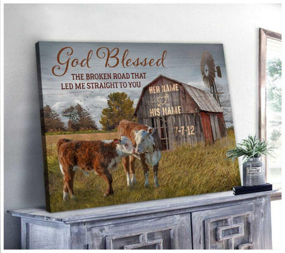 Poster Prints Anniversary Wedding Gift God Blessed The Broken Road Barn and Hereford Cows Wall Art Decor