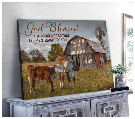 Poster Prints Anniversary Wedding Gift God Blessed The Broken Road Barn and Hereford Cows Wall Art Decor