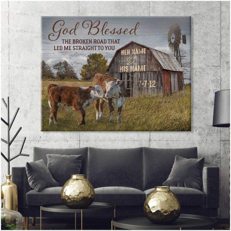 Poster Prints Anniversary Wedding Gift God Blessed The Broken Road Barn and Hereford Cows Wall Art Decor