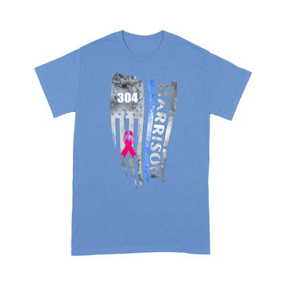 Breast Cancer Pink Ribbon Distressed Thin Blue Line Flag Personalized Police Shirt