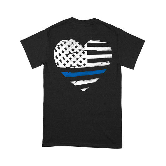 Thin Blue Line Distressed Heart (Front & Back) Standard T-Shirt Police Tee