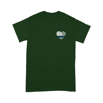 Thin Blue Line Distressed Heart (Front & Back) Standard T-Shirt Police Tee