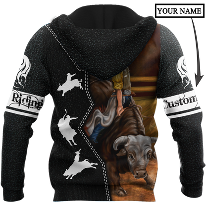 Personalized Name Bull Riding 3D All Over Printed Unisex Shirts Black Leather Texture